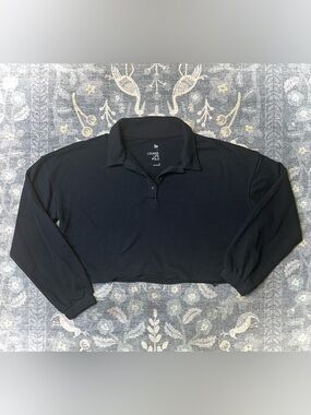 So Lounge Life Black Cropped Long Sleeve Polo Shirt Sz M